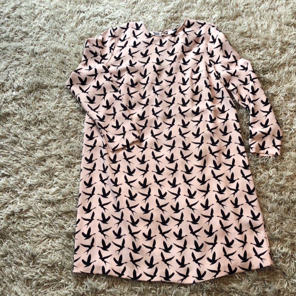 Pink Midi-Dress with black bird pattern.